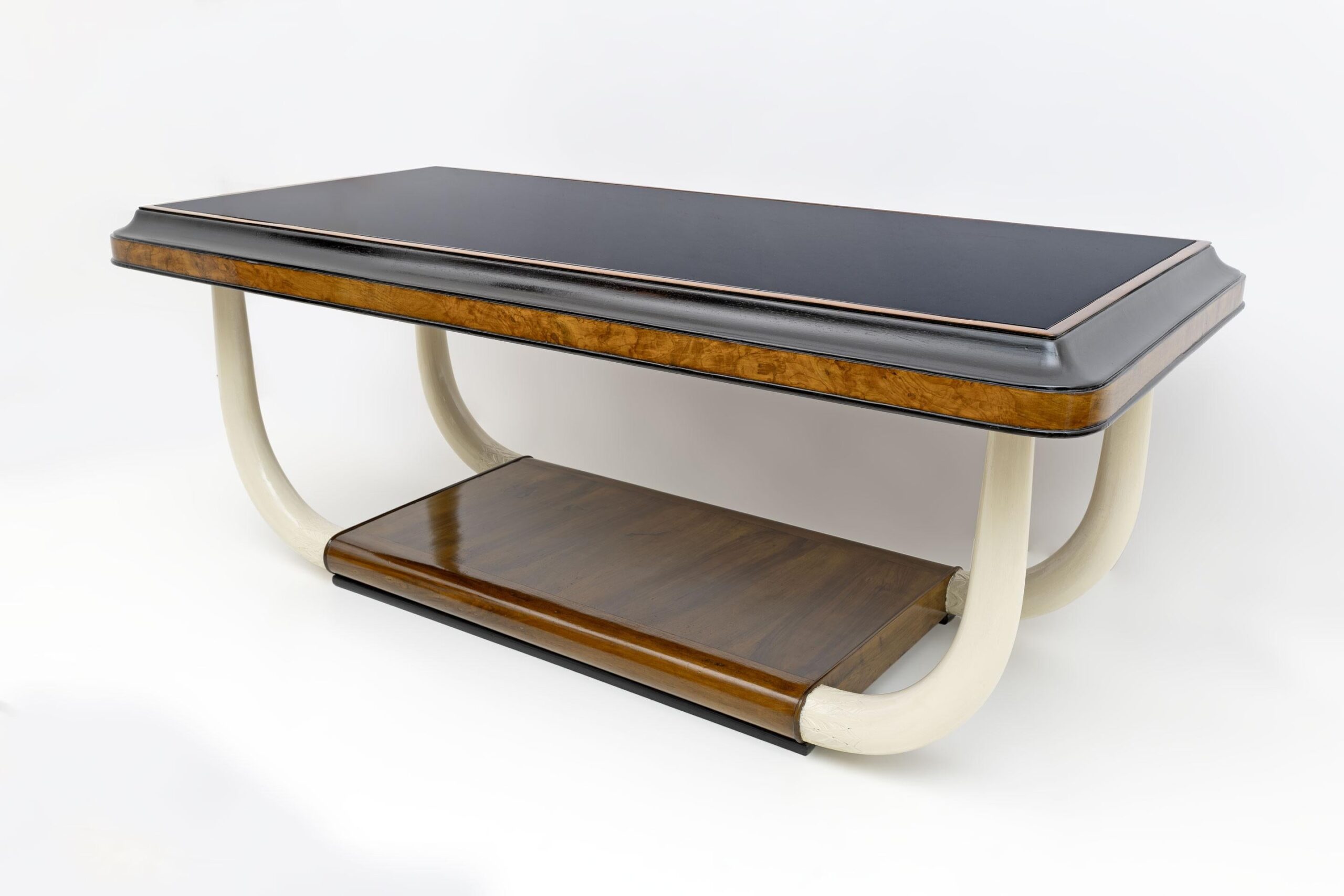 Art Deco Italian Walnut and Top Glass Table with Elephant Tusk Legs, 30s