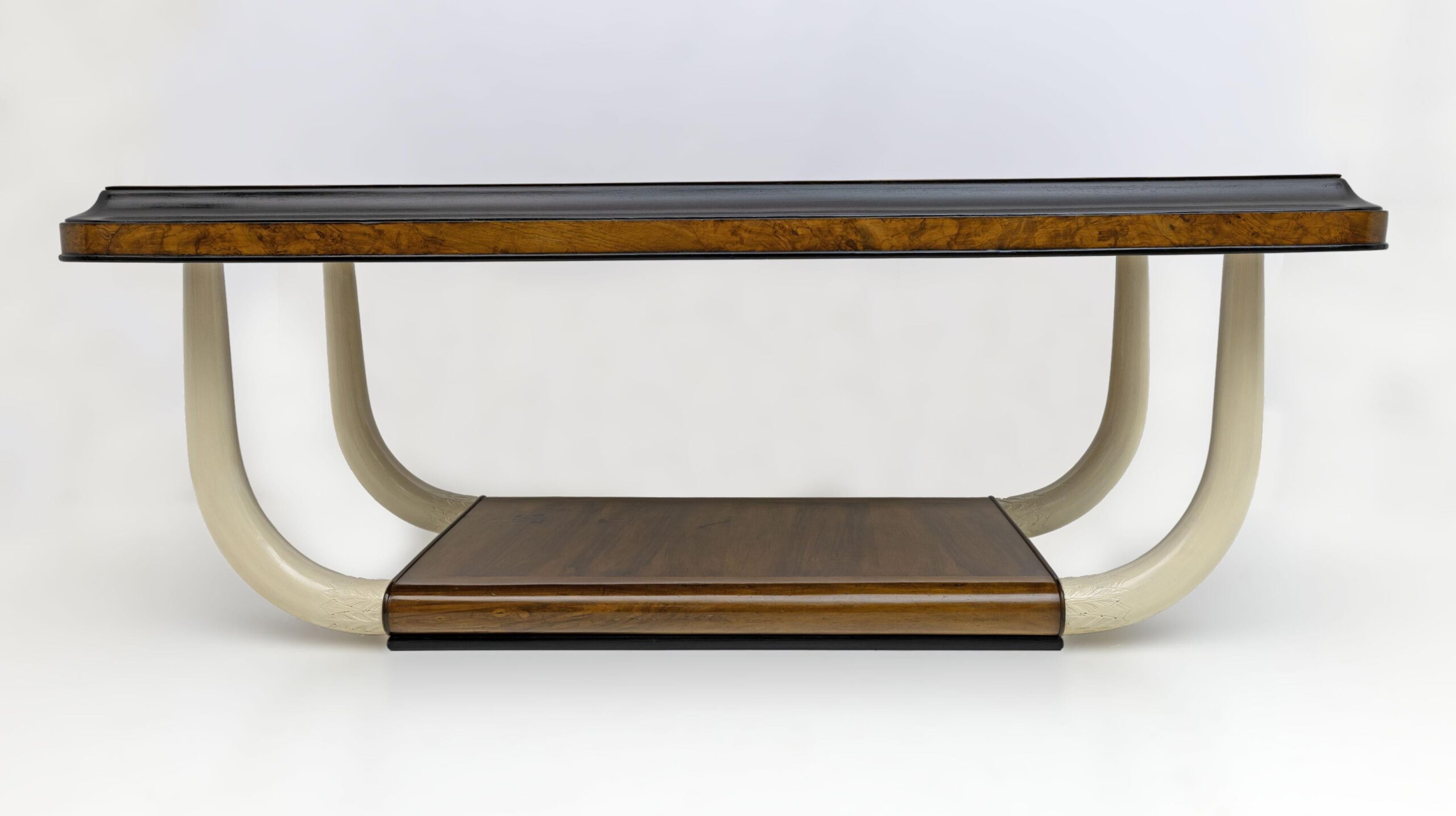 Art Deco Italian Walnut and Top Glass Table with Elephant Tusk Legs, 30s