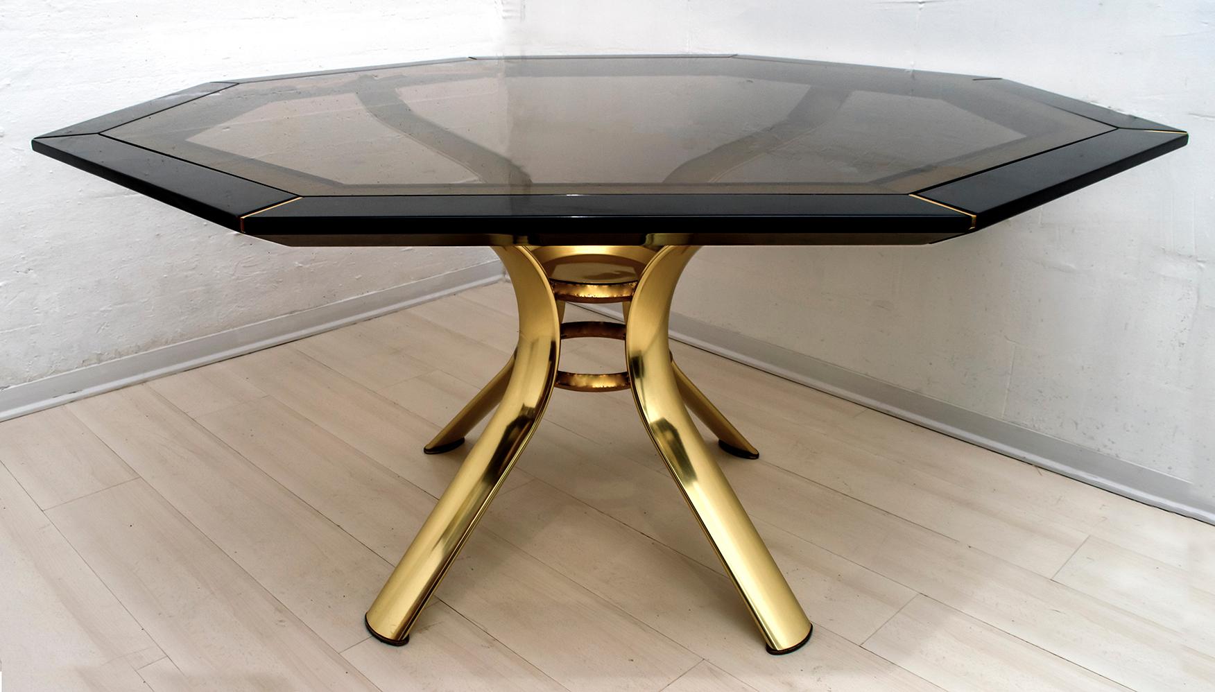 Pierre Cardin Octagonal Dining Table Black Lacquer with Brass Inserts and Base