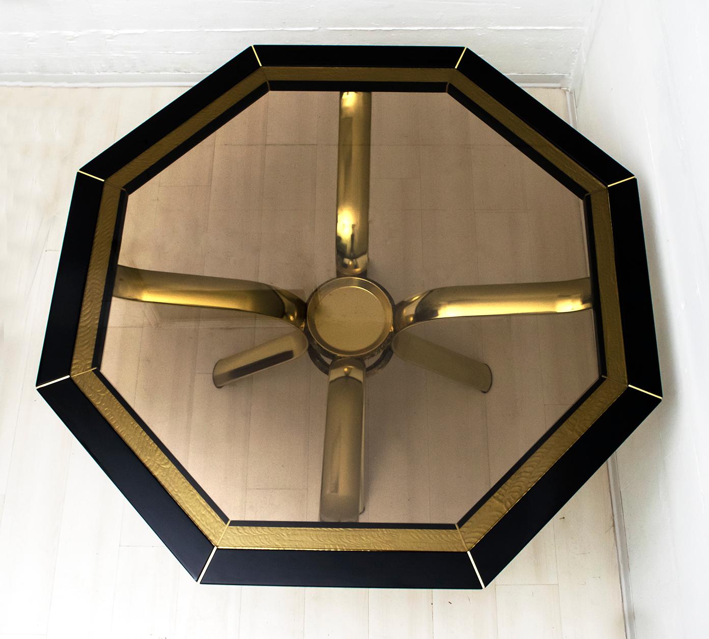 Pierre Cardin Octagonal Dining Table Black Lacquer with Brass Inserts and Base