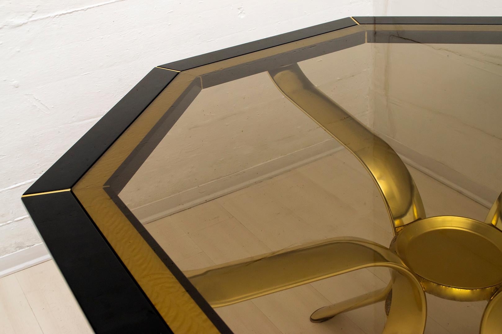 Pierre Cardin Octagonal Dining Table Black Lacquer with Brass Inserts and Base
