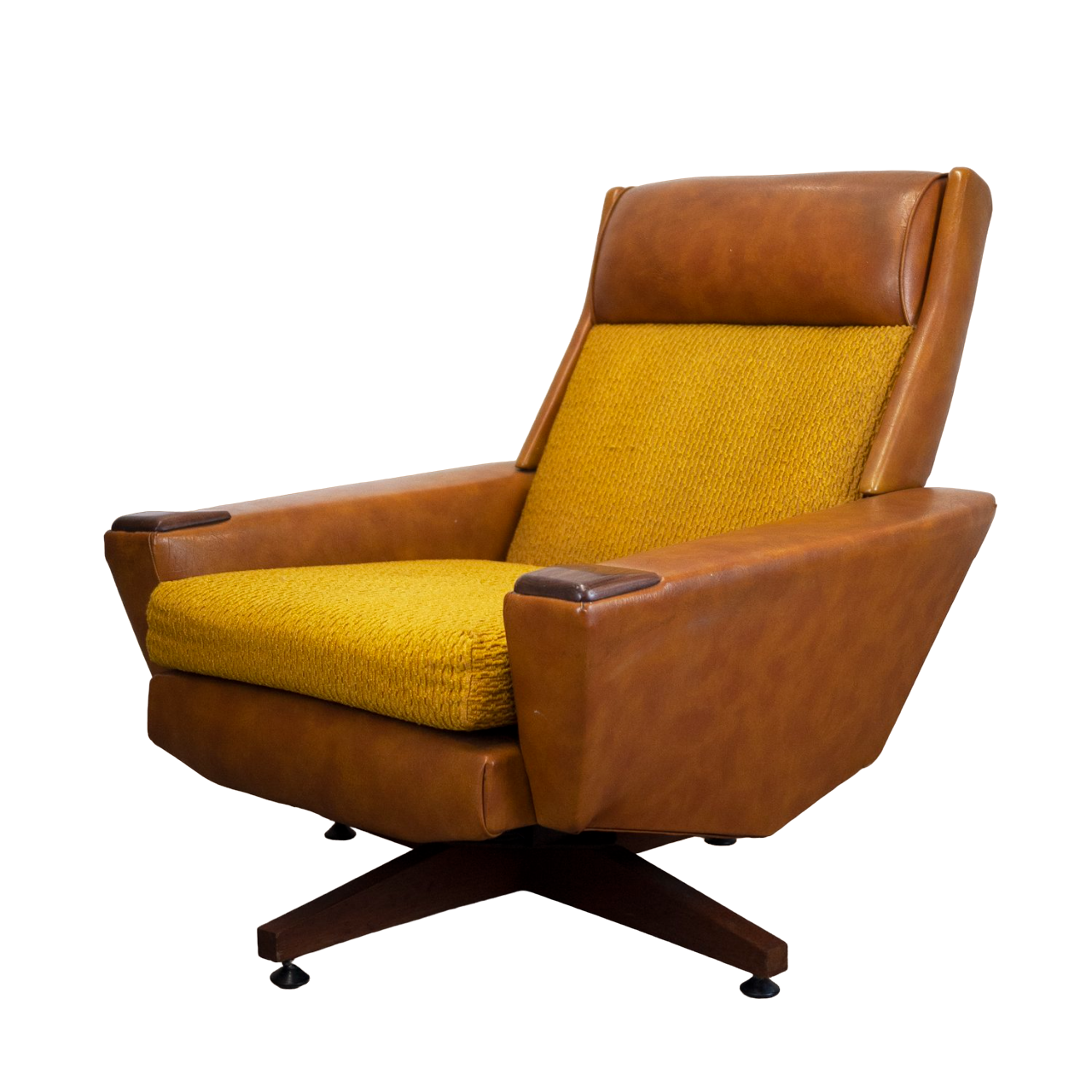 Vintage Brown Leather & Mustard Textured Fabric Armchair, 1970s