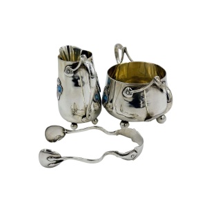 Antique Art Nouveau Solid Silver Bachelor Cream Jug Sugar Bowl & Tong