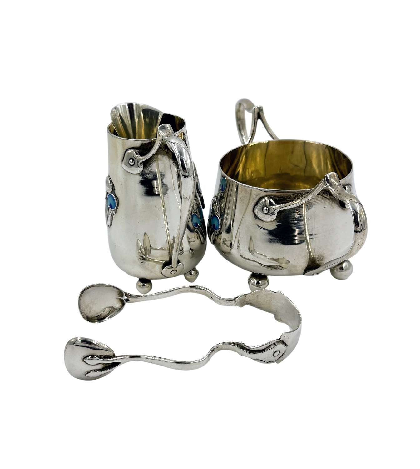 Antique Art Nouveau Solid Silver Bachelor Cream Jug Sugar Bowl & Tong