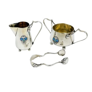 Antique Art Nouveau Solid Silver Bachelor Cream Jug Sugar Bowl & Tong