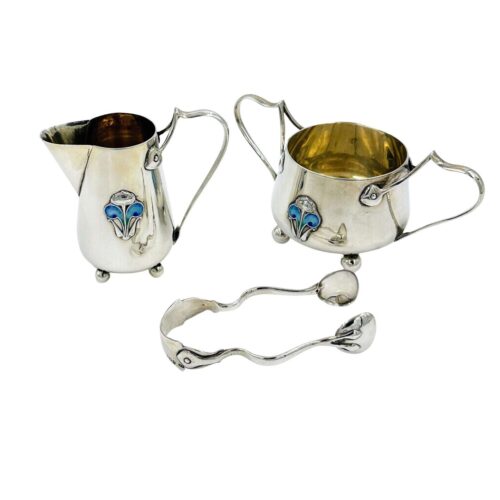 Antique Art Nouveau Solid Silver Bachelor Cream Jug Sugar Bowl & Tong