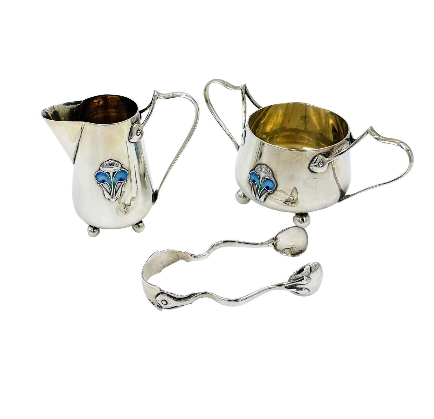 Antique Art Nouveau Solid Silver Bachelor Cream Jug Sugar Bowl & Tong