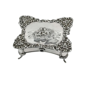 Antique Large Solid Silver Jewellery Box on Legs with Cherubs Decor
