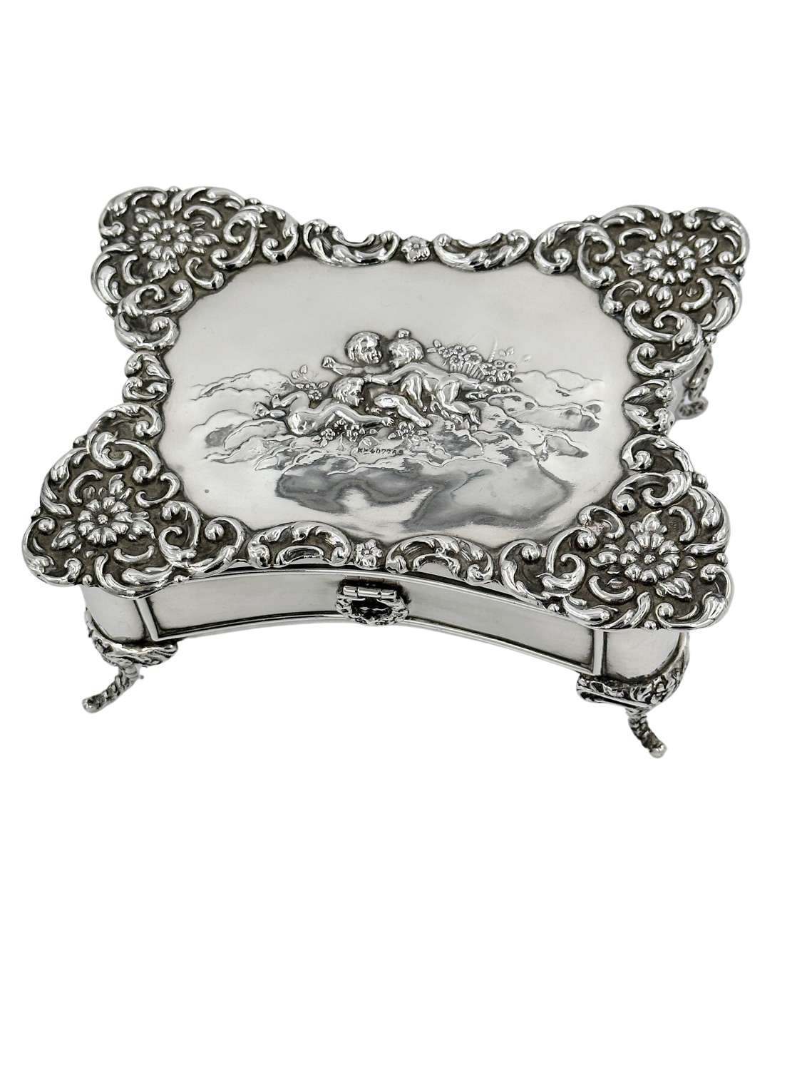 Antique Large Solid Silver Jewellery Box on Legs with Cherubs Decor