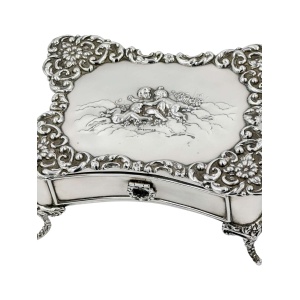 Antique Large Solid Silver Jewellery Box on Legs with Cherubs Decor
