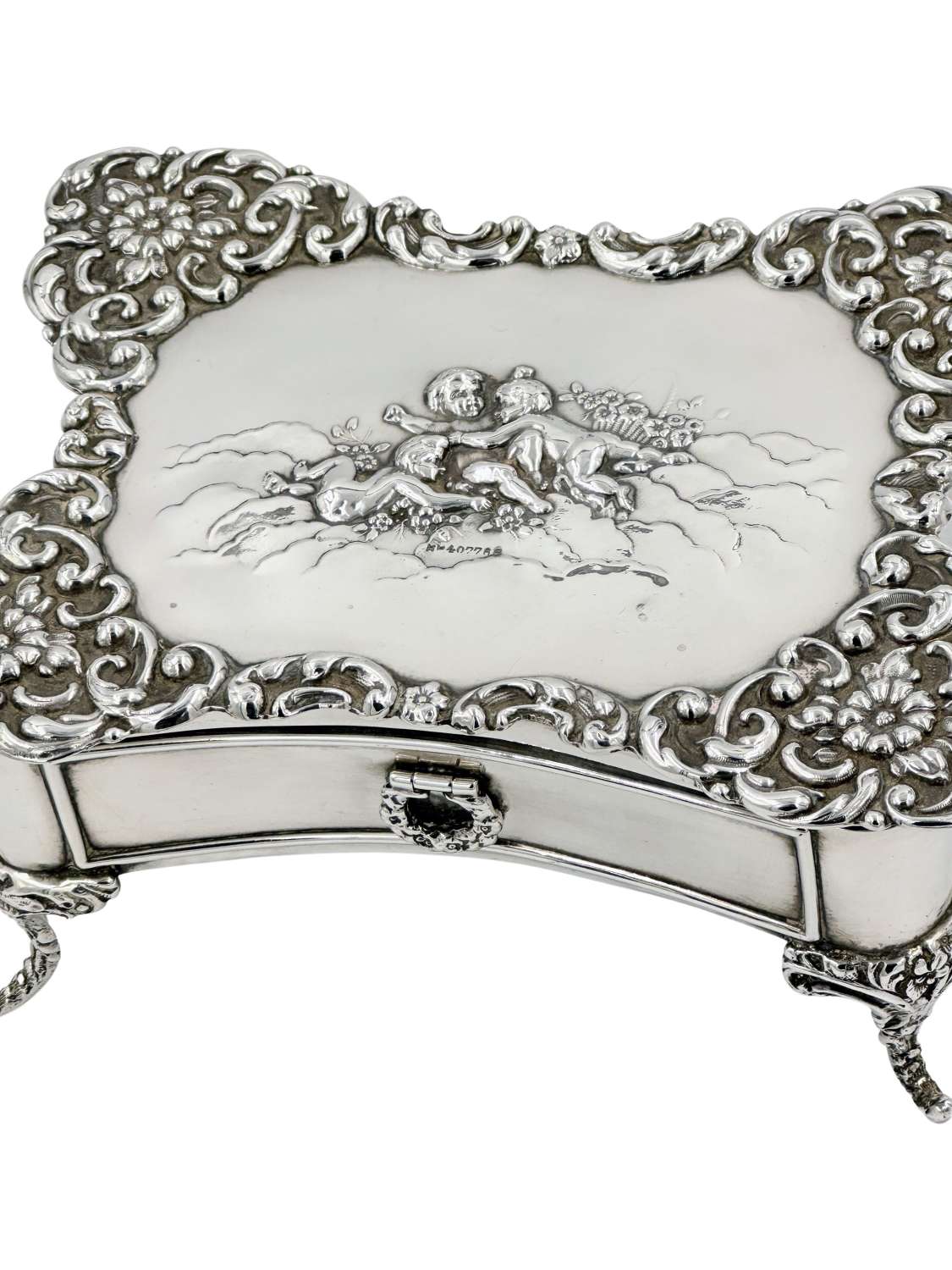 Antique Large Solid Silver Jewellery Box on Legs with Cherubs Decor