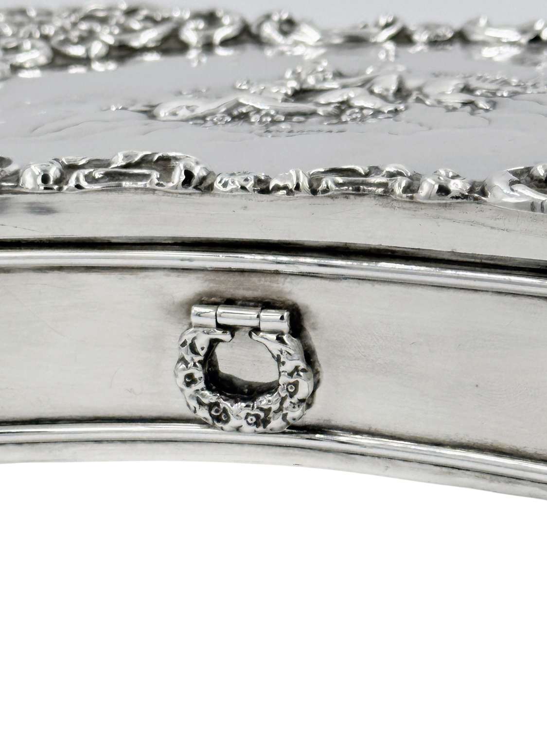 Antique Large Solid Silver Jewellery Box on Legs with Cherubs Decor
