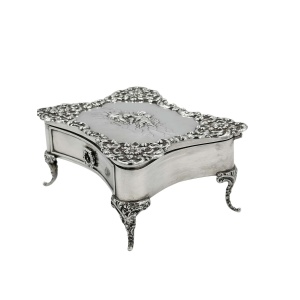 Antique Large Solid Silver Jewellery Box on Legs with Cherubs Decor