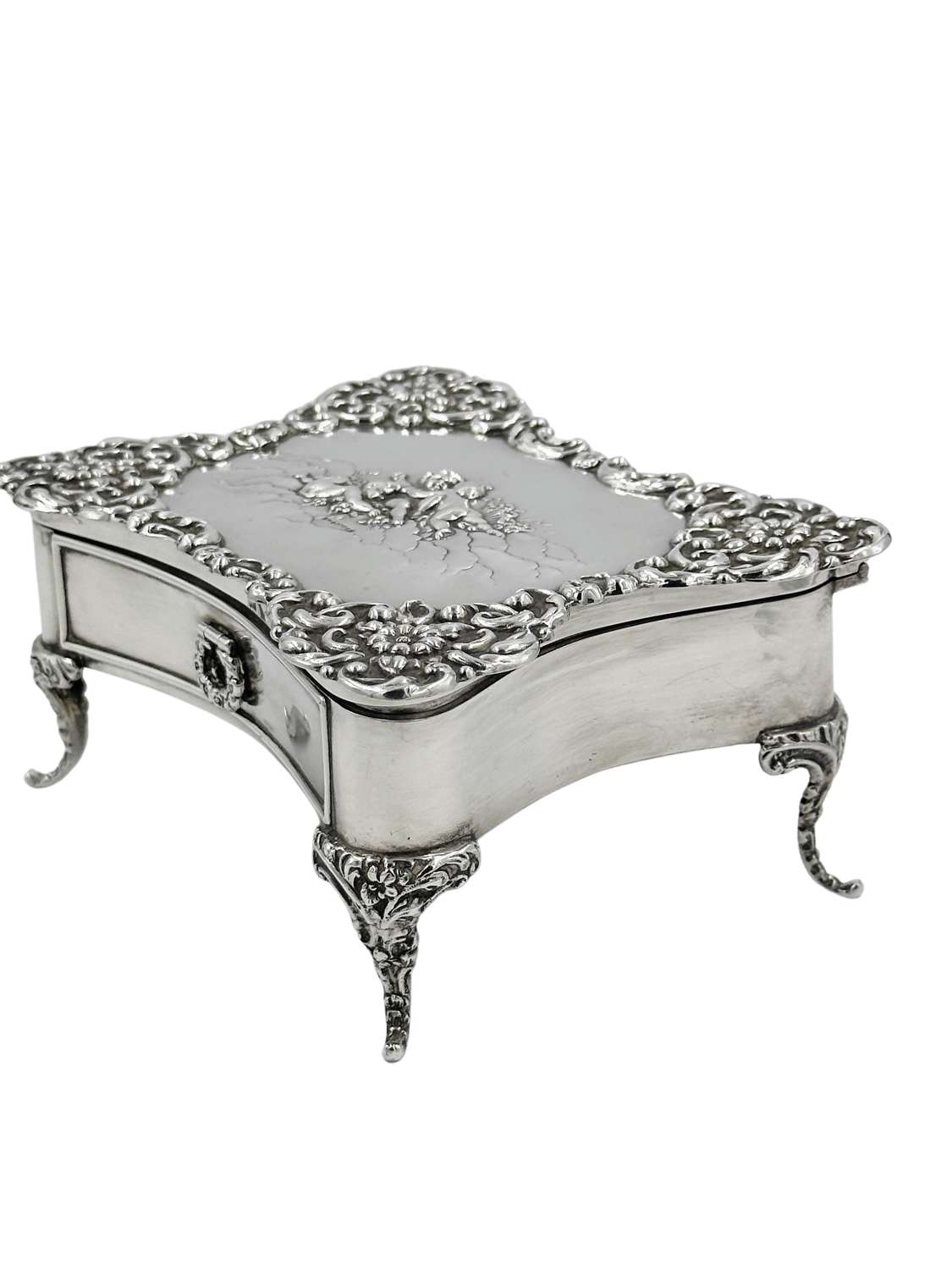 Antique Large Solid Silver Jewellery Box on Legs with Cherubs Decor