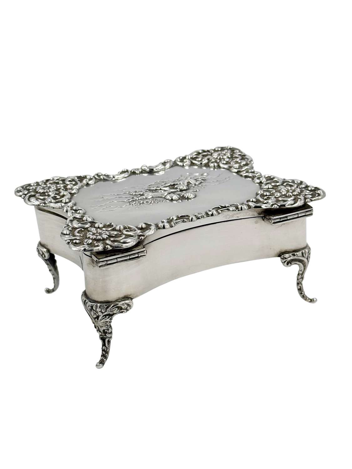 Antique Large Solid Silver Jewellery Box on Legs with Cherubs Decor