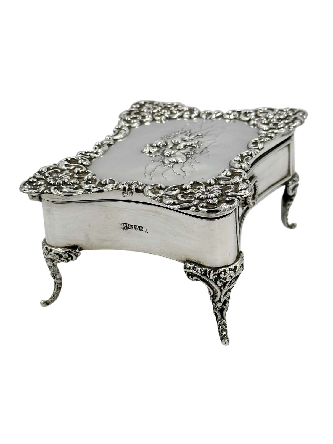 Antique Large Solid Silver Jewellery Box on Legs with Cherubs Decor