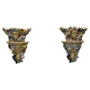 Italian Majolica Wall Vases, Late 19th Century, Set of 2