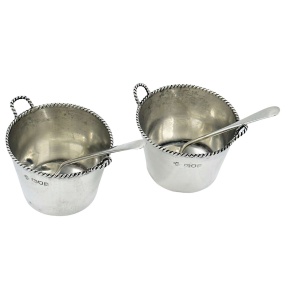 Pair Antique Solid Silver Novelty Milk Pail Salt Cellars with Spoons