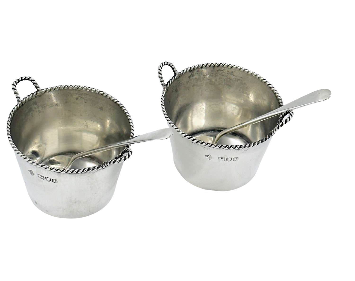 Pair Antique Solid Silver Novelty Milk Pail Salt Cellars with Spoons