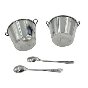 Pair Antique Solid Silver Novelty Milk Pail Salt Cellars with Spoons