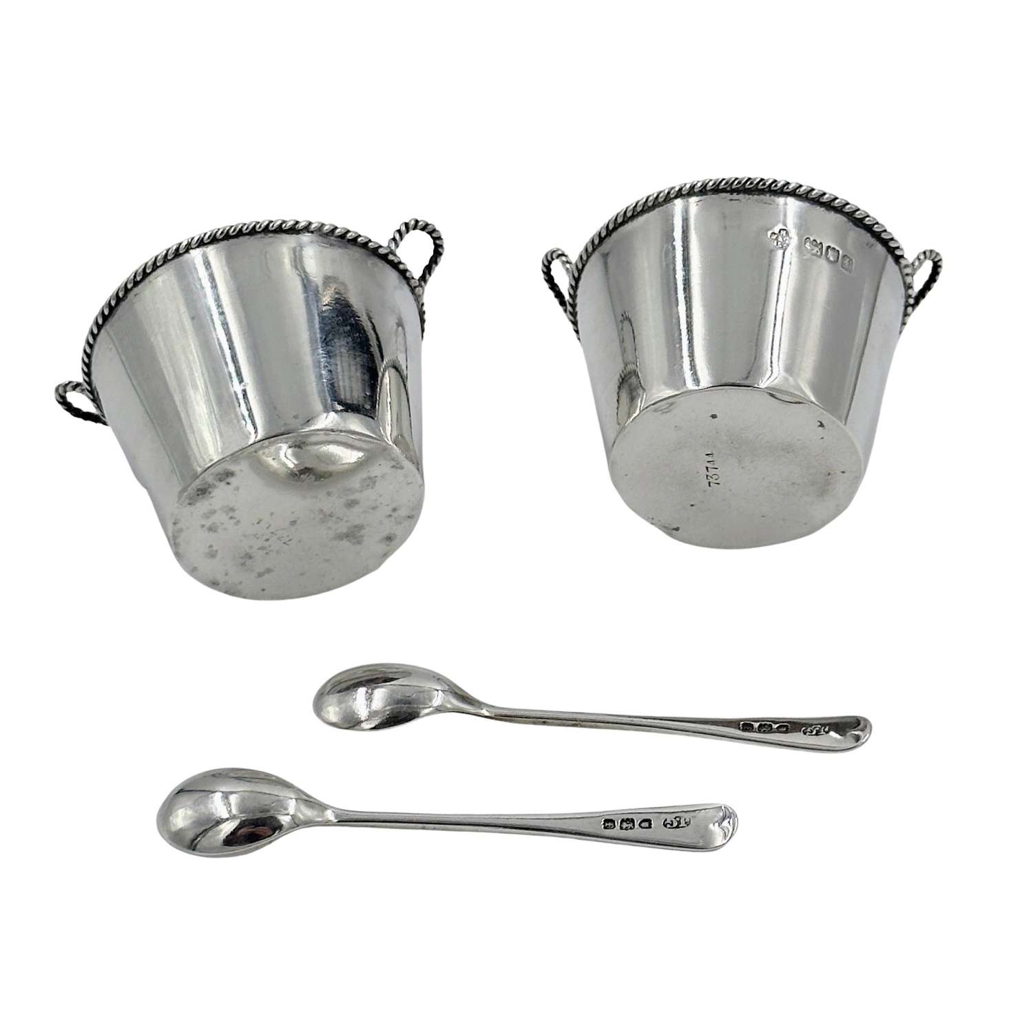 Pair Antique Solid Silver Novelty Milk Pail Salt Cellars with Spoons
