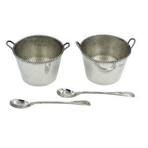 Pair Antique Solid Silver Novelty Milk Pail Salt Cellars with Spoons