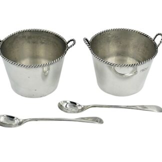 Pair Antique Solid Silver Novelty Milk Pail Salt Cellars with Spoons