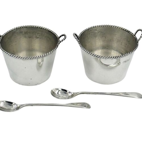 Pair Antique Solid Silver Novelty Milk Pail Salt Cellars with Spoons