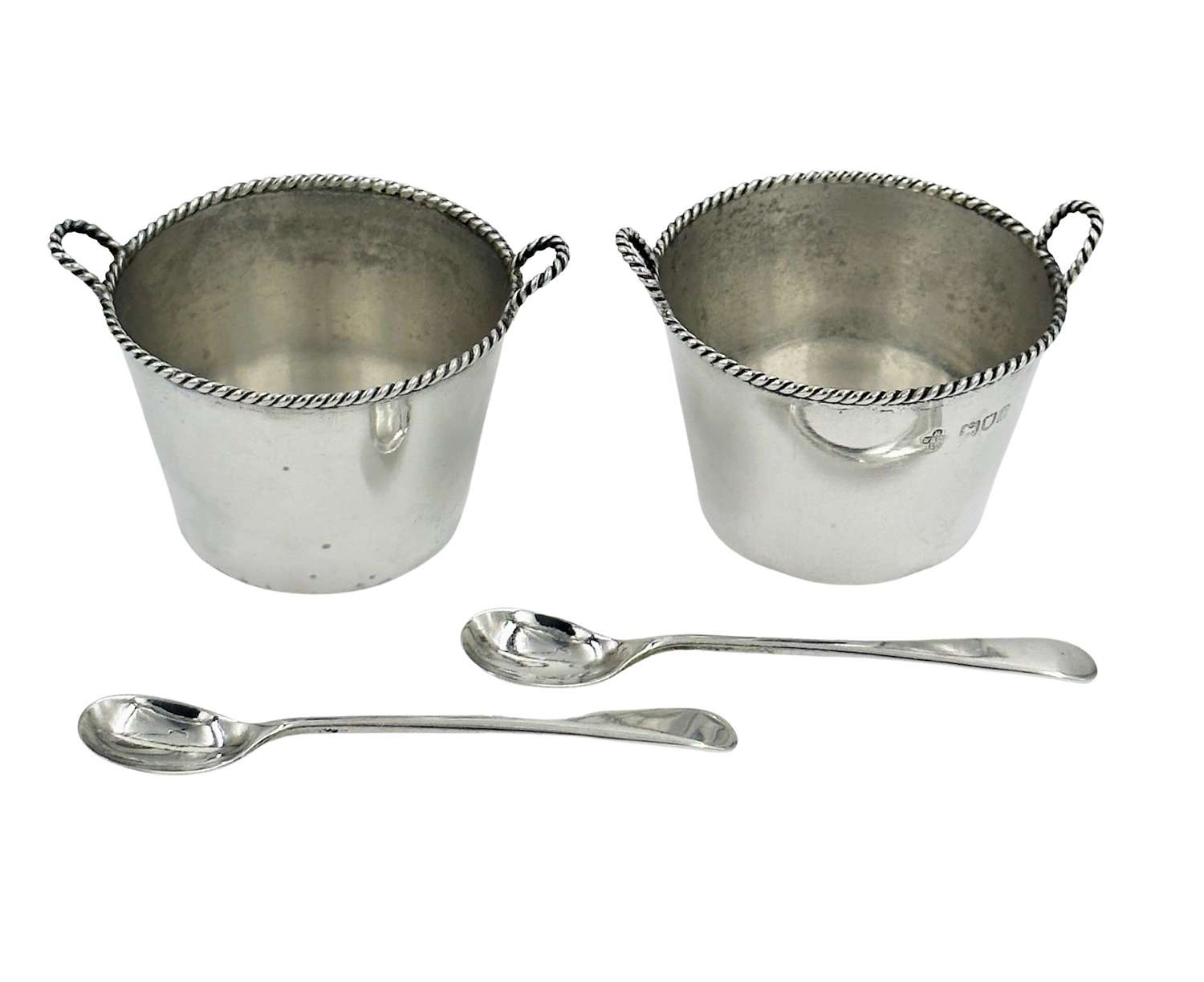 Pair Antique Solid Silver Novelty Milk Pail Salt Cellars with Spoons