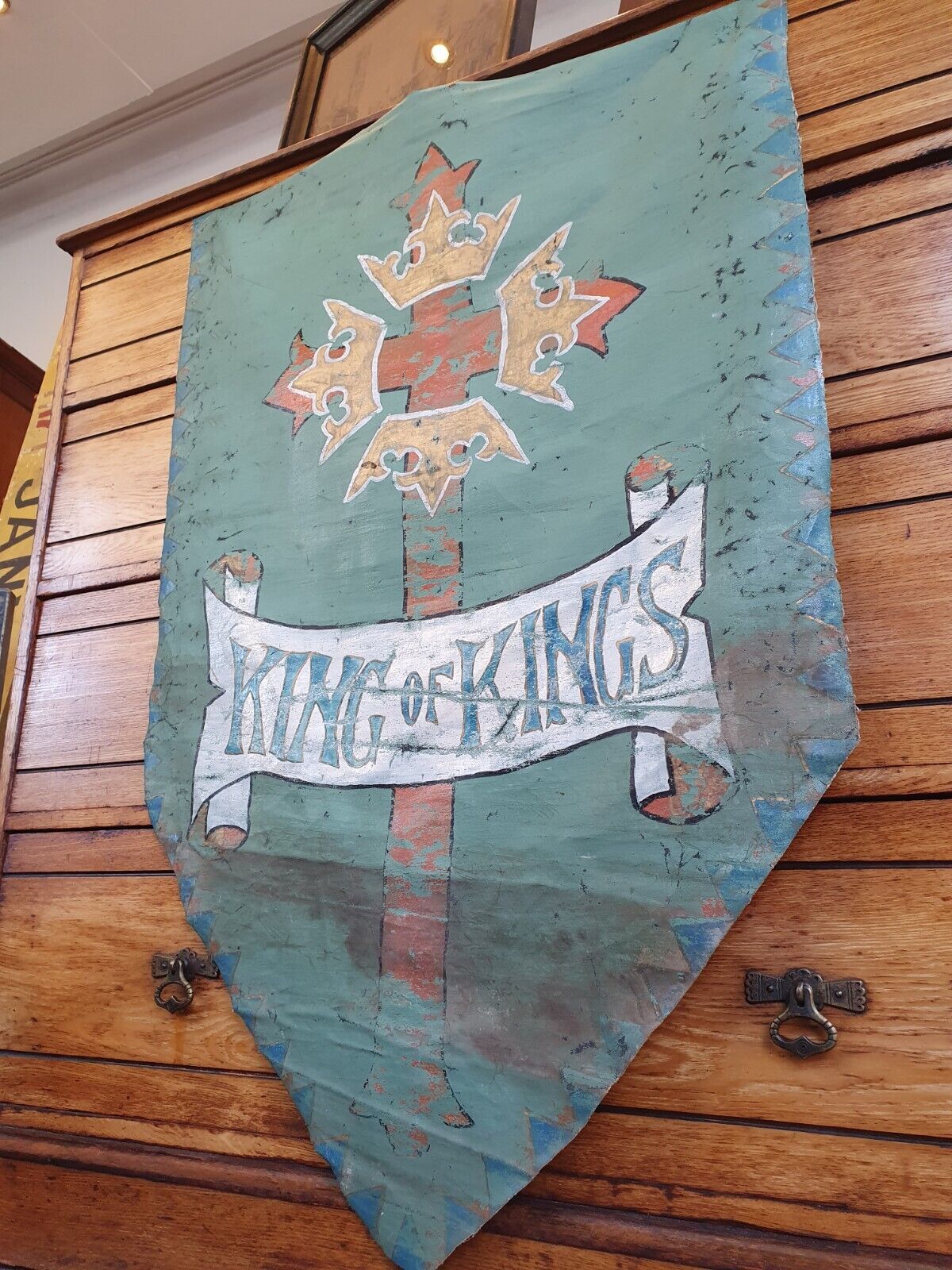 19th Century Ecclesiastical Hand Painted 'King of Kings' Vellum Church Hanging.
