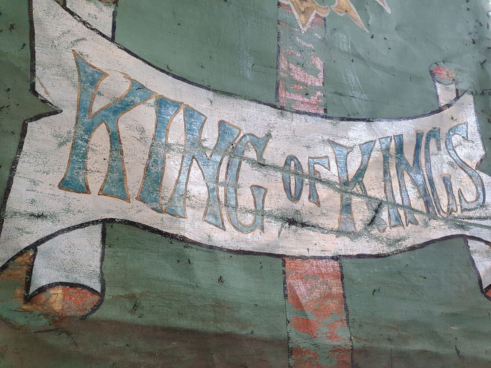 19th Century Ecclesiastical Hand Painted 'King of Kings' Vellum Church Hanging.