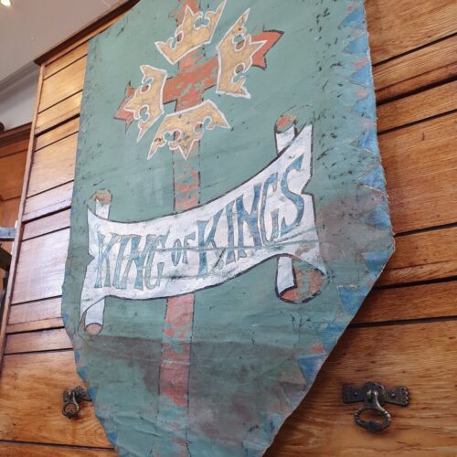 19th Century Ecclesiastical Hand Painted 'King of Kings' Vellum Church Hanging.