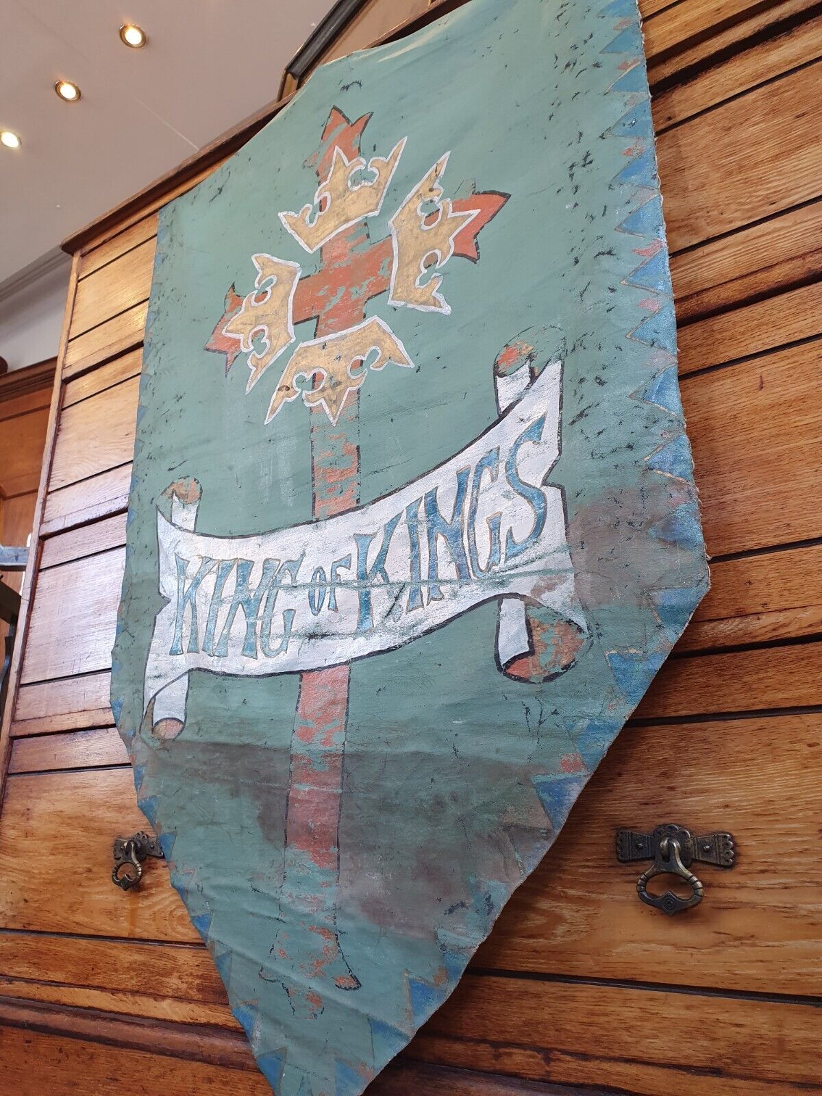 19th Century Ecclesiastical Hand Painted 'King of Kings' Vellum Church Hanging.