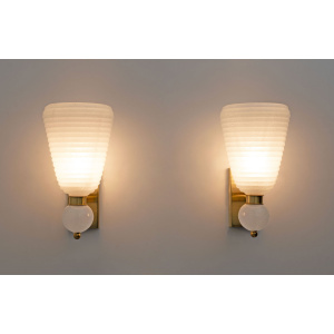 Pair of Mid-century Modern Brass and "Pulegoso" Murano Glass Sconces