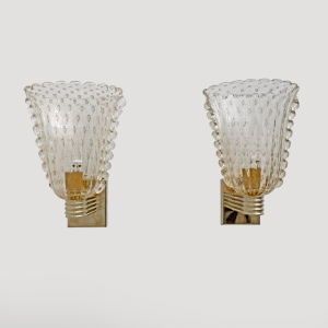 Barovier & Toso Art Dèco Style Brass and Pulegoso Murano Glass Sconces, Pair