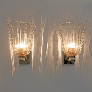 Barovier & Toso Art Dèco Style Brass and Pulegoso Murano Glass Sconces, Pair