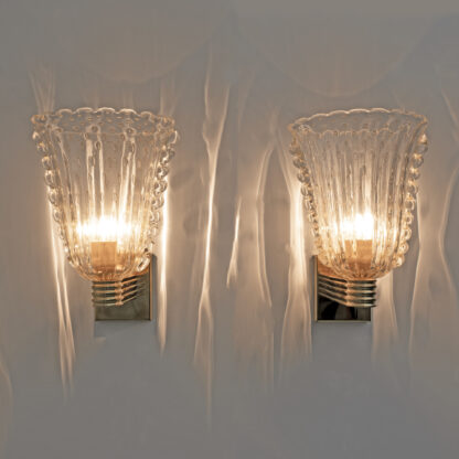 Barovier & Toso Art Dèco Style Brass and Pulegoso Murano Glass Sconces, Pair - Image 2