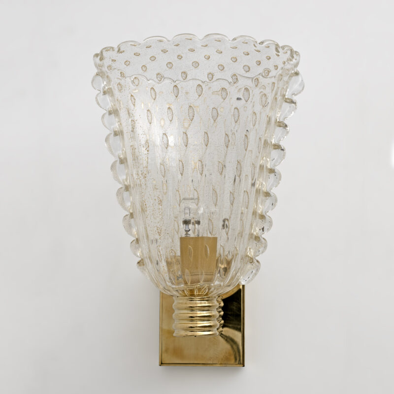 Barovier & Toso Art Dèco Style Brass and Pulegoso Murano Glass Sconces, Pair