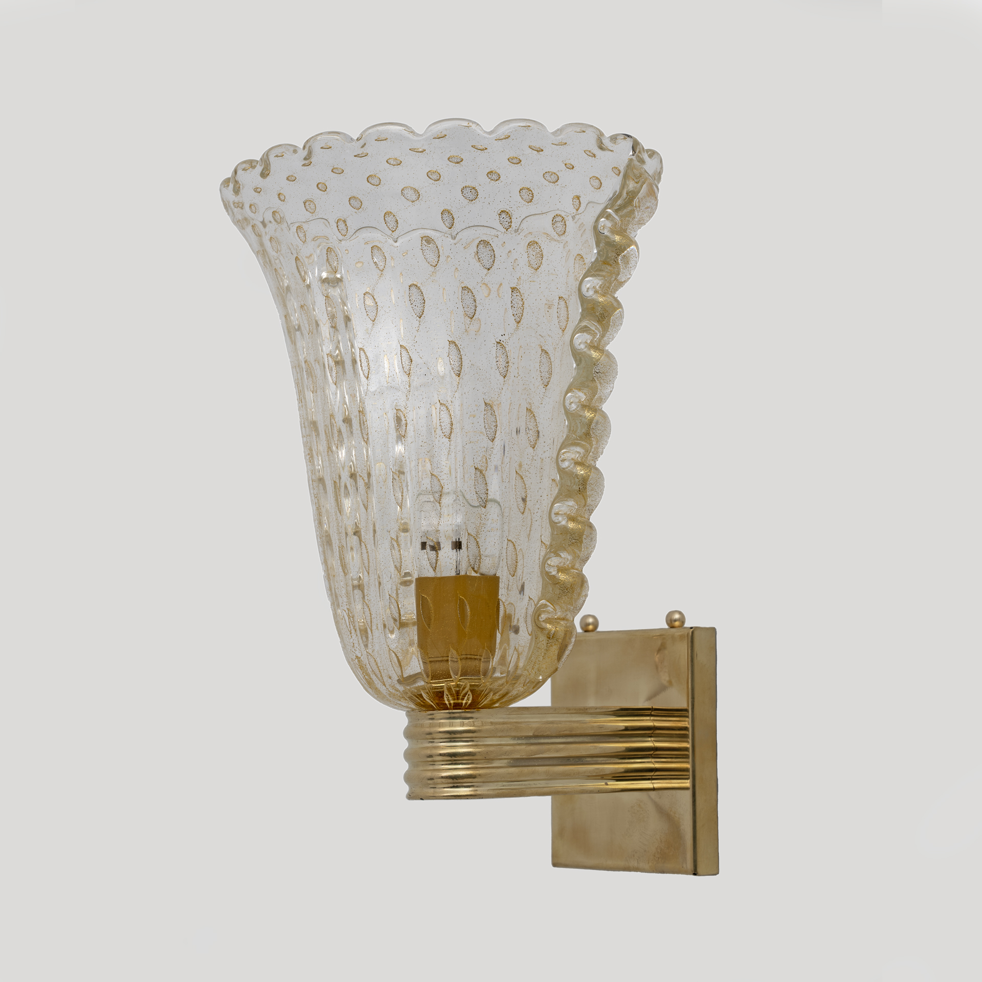 Barovier & Toso Art Dèco Style Brass and Pulegoso Murano Glass Sconces, Pair