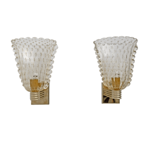 Barovier & Toso Art Dèco Style Brass and Pulegoso Murano Glass Sconces, Pair