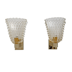 Barovier & Toso Art Dèco Style Brass and Pulegoso Murano Glass Sconces, Pair