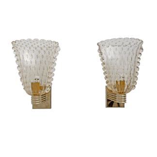 Barovier & Toso Art Dèco Style Brass and Pulegoso Murano Glass Sconces, Pair