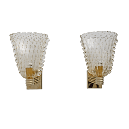 Barovier & Toso Art Dèco Style Brass and Pulegoso Murano Glass Sconces, Pair