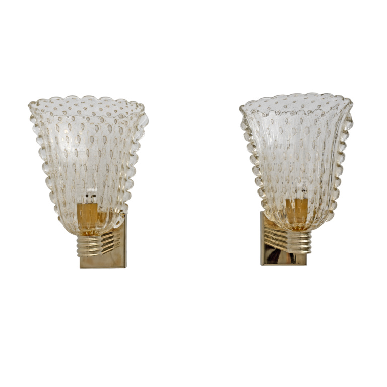 Barovier & Toso Art Dèco Style Brass and Pulegoso Murano Glass Sconces, Pair