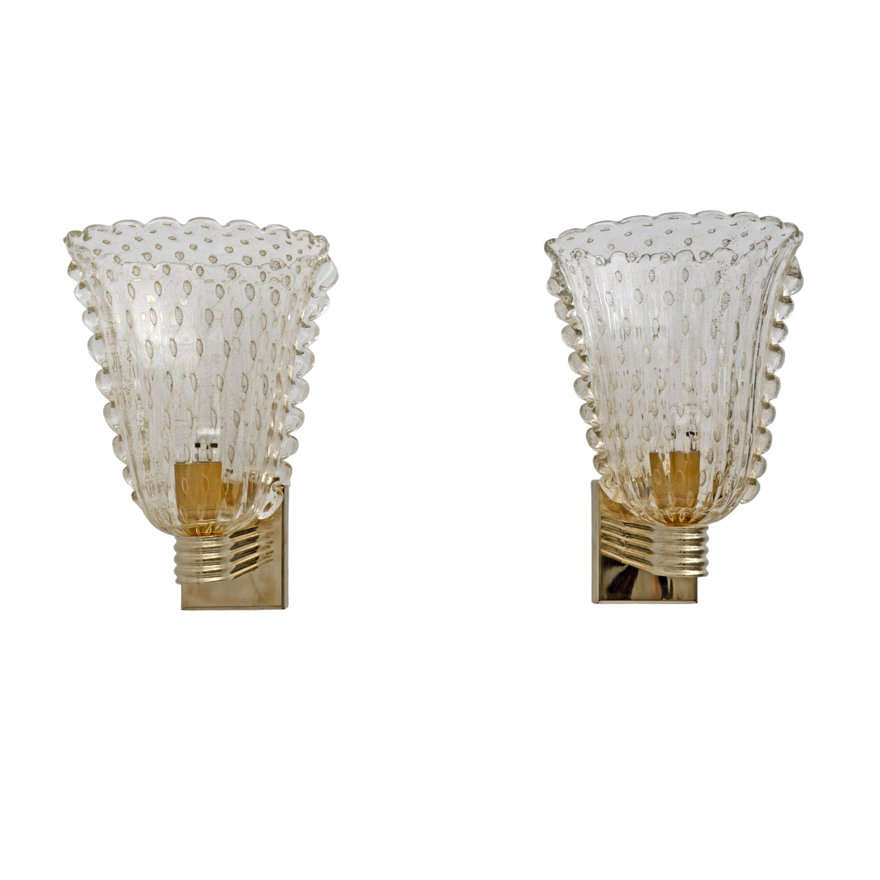 Barovier & Toso Art Dèco Style Brass and Pulegoso Murano Glass Sconces, Pair