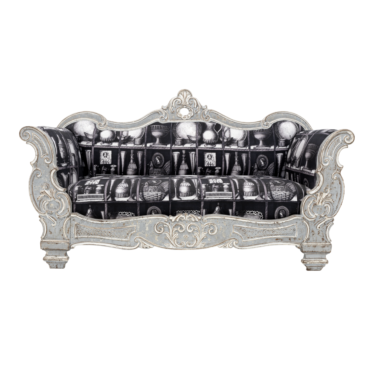 Charles X Style Italian Sofa with Fornasetti Linen Fabric