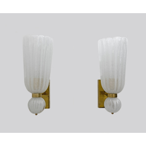 Pair of Mid-century Modern Brass and "Pulegoso" Murano Glass Sconces