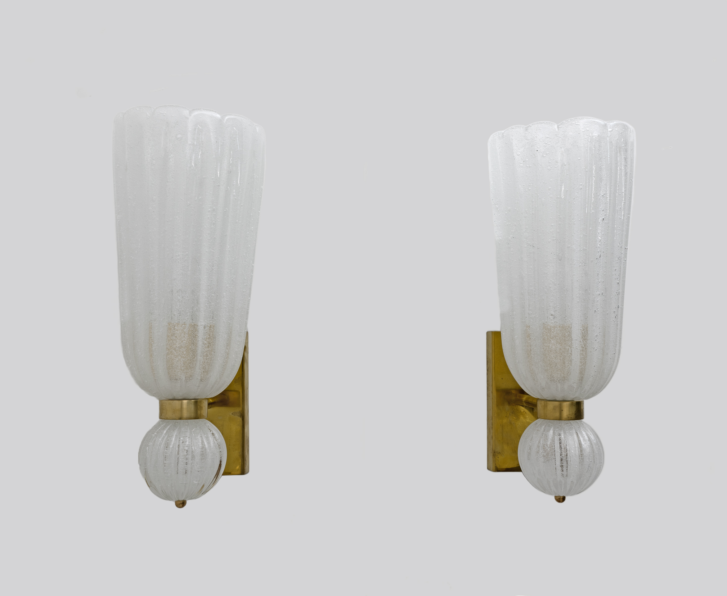 Pair of Mid-century Modern Brass and "Pulegoso" Murano Glass Sconces