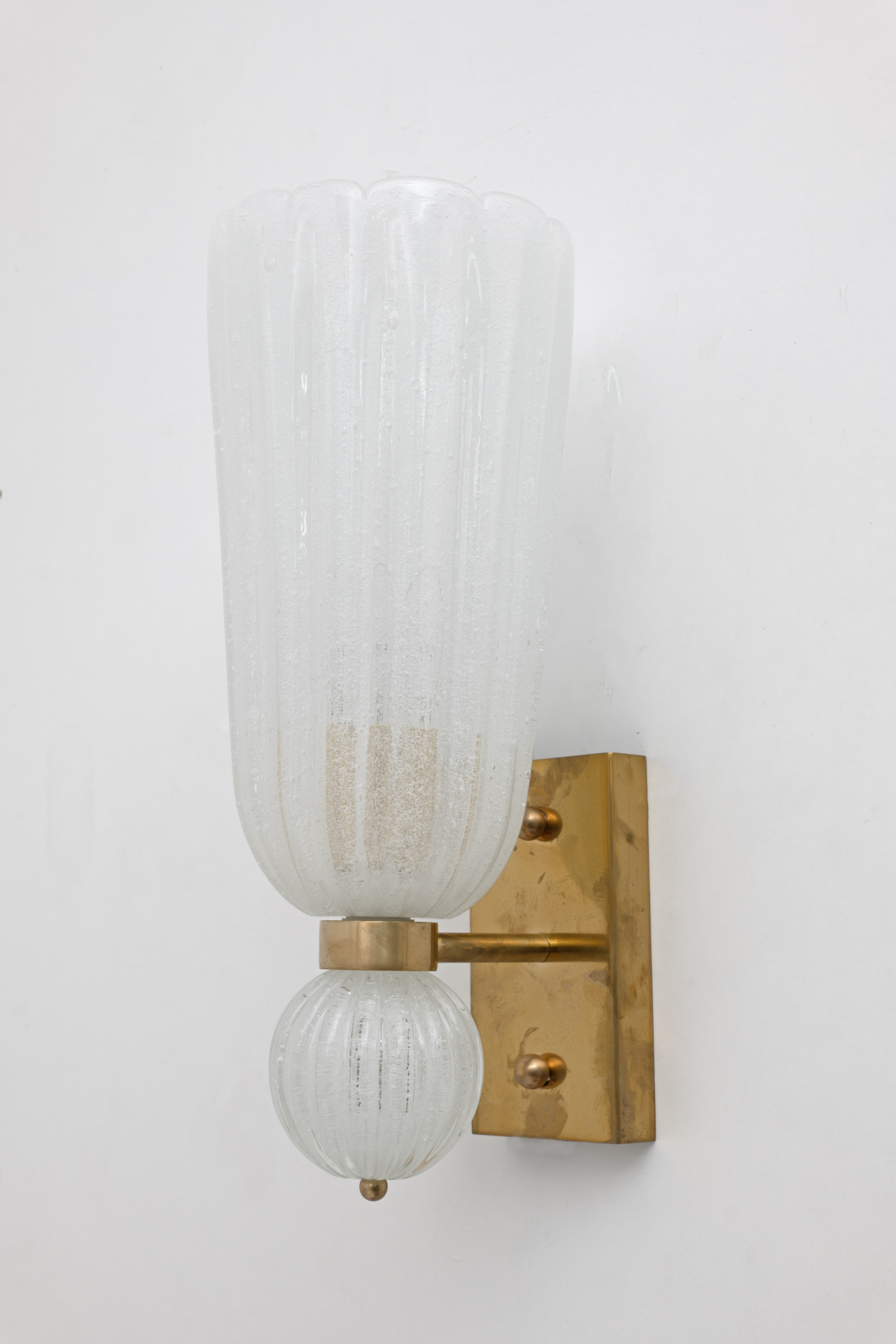 Pair of Mid-century Modern Brass and "Pulegoso" Murano Glass Sconces