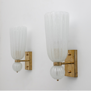 Pair of Mid-century Modern Brass and "Pulegoso" Murano Glass Sconces